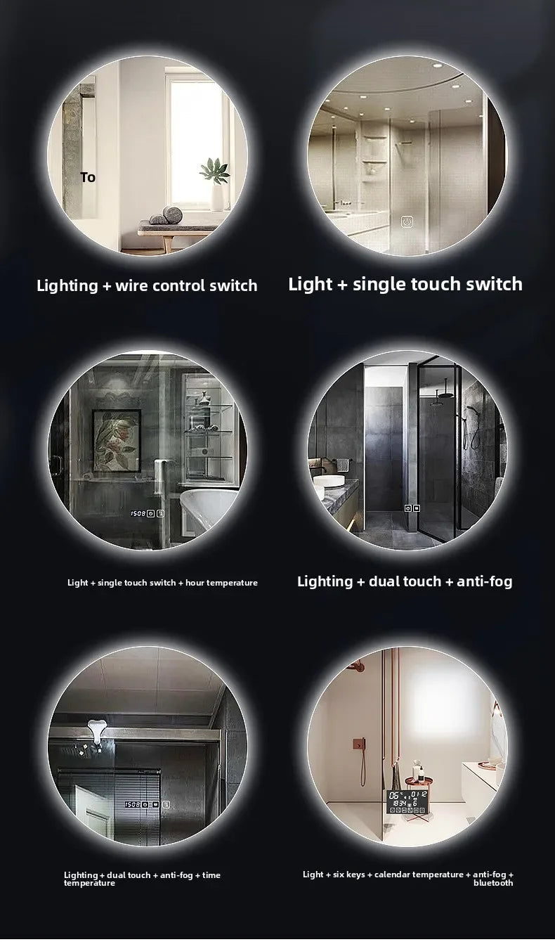 Mirror Round Mirror Wall-mounted Smart Bathroom Mirror LED Touch Screen High Definition Anti-fog Luminous Wall-mounted