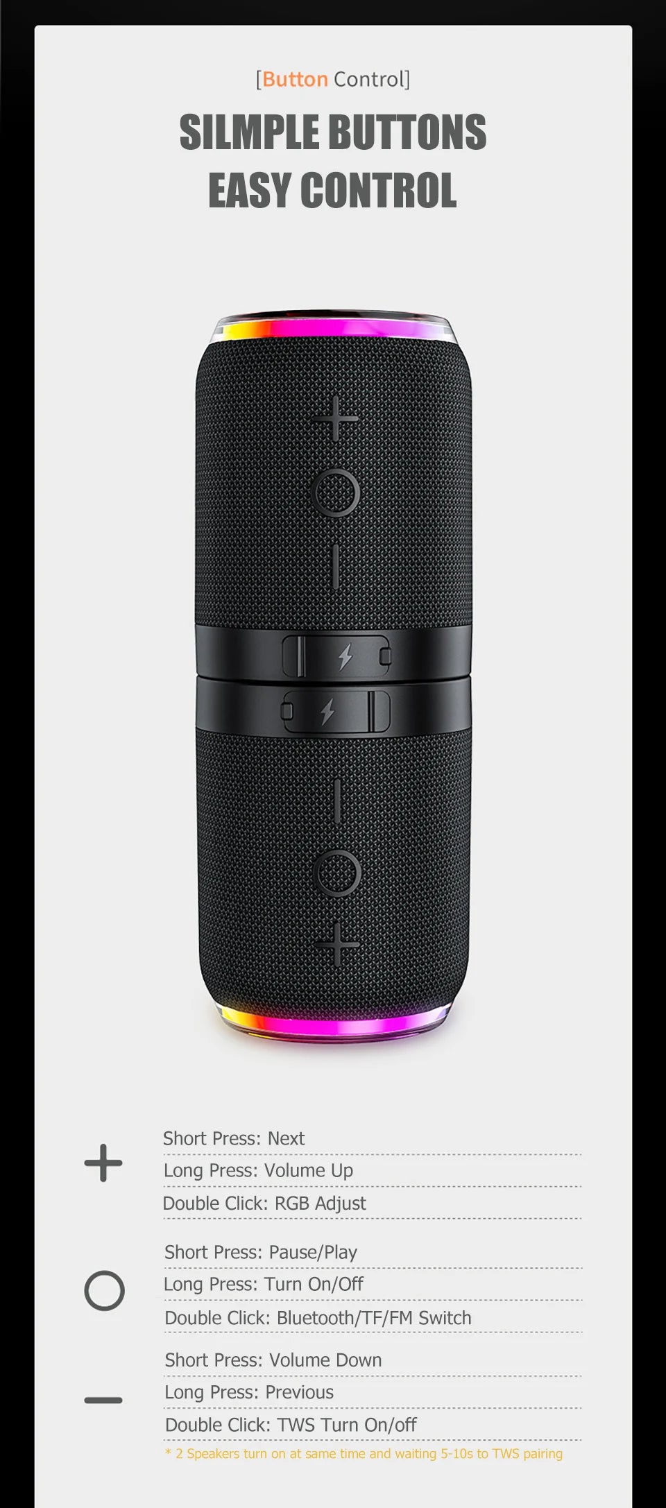 Portable Bluetooth Speaker TWS Stereo Dual Speaker High Volume Wireless Split Speaker Outdoor Waterproof Heavy Bass Speaker