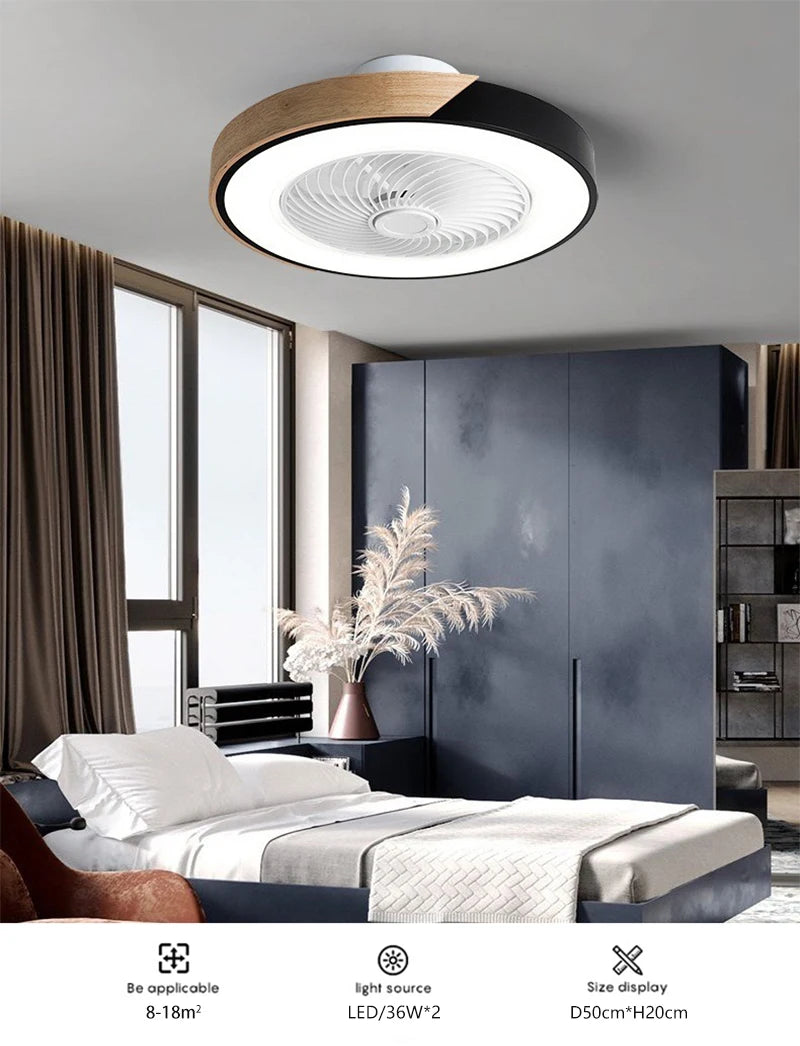 Smart LED Ceiling Fan with Light Wood Living Room Bedroom APP Remote Control 6 Speed Low Floor Electric Fan 52CM Fan Lighting