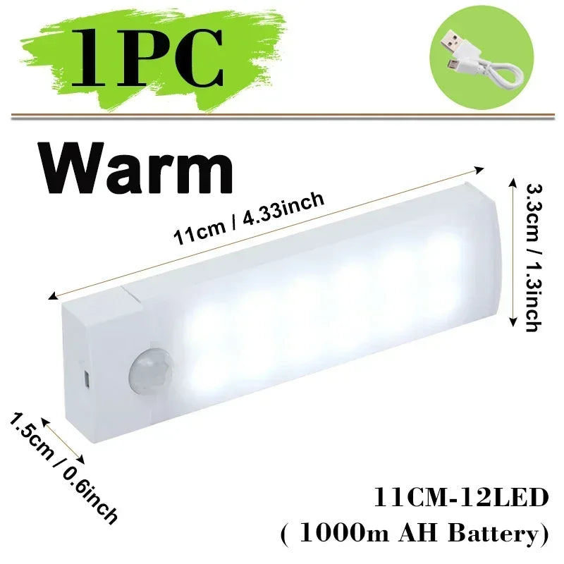 Motion Sensor LED Night Light with USB Charging Magnetic Mount Dimmable Under Cabinet Lighting for Stairway Wardrobe Convenience