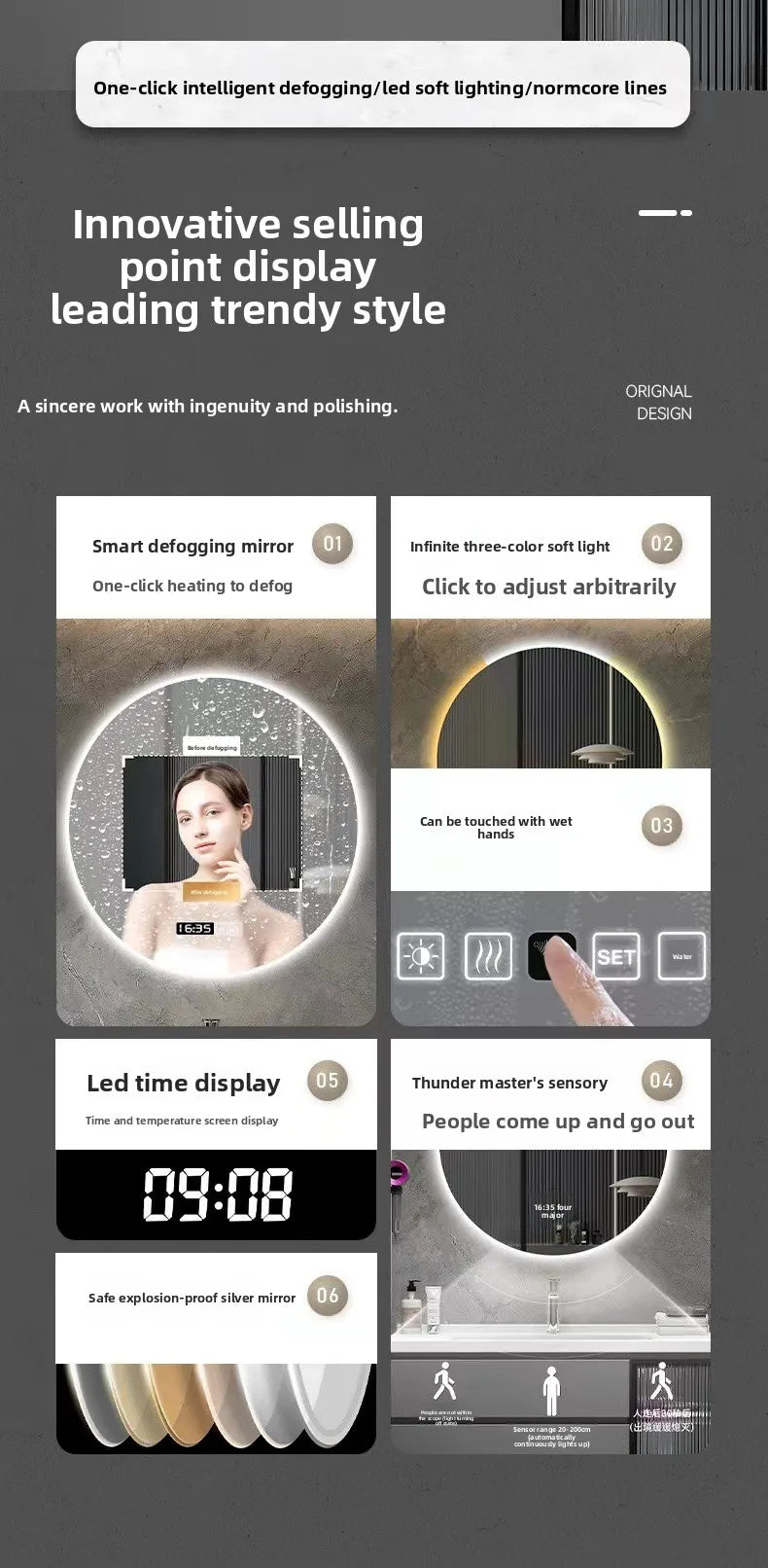 19 Inches Led Bathroom Anti-fog Luminous Makeup Sensor Wall Hanging Shower  Fashion Hotel Round Bathroom Mirror Intelligent