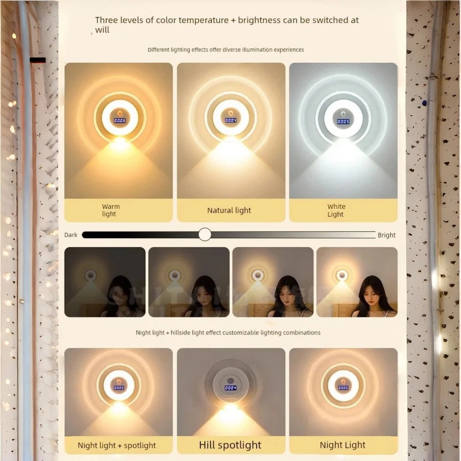 Smart LED Motion Sensor Night Light with Clock 3 Color Stepless Dimming Hill Wall Lamp USB Rechargeable Bedroom Ambient Light