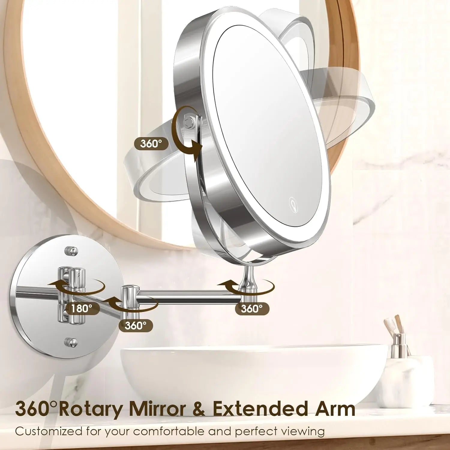 8" Wall Mounted Bathroom Makeup Mirror with 3 Color Light,Double Sided 1X/10X Magnifying Lighted Mirror LED Mirror for Shaving