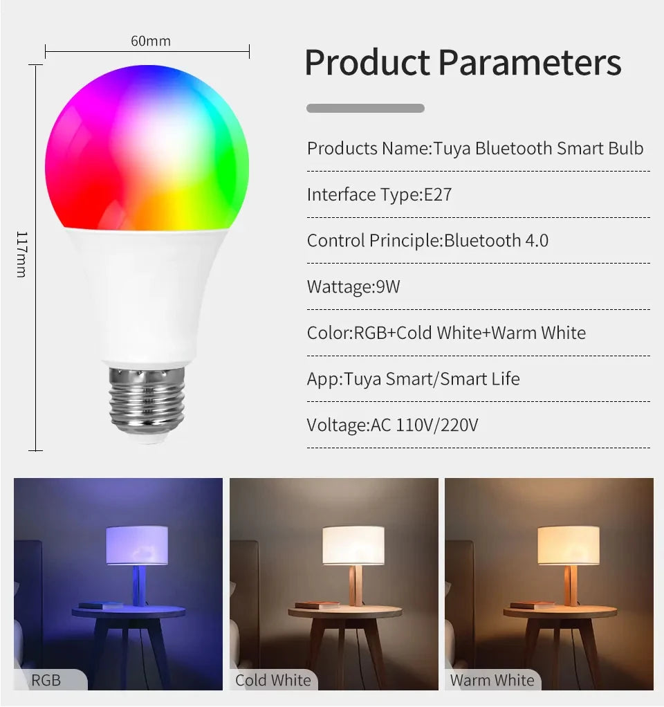 Smart Led Bulbs E27 Tuya Smart Life Bluetooth App Control 220V 110V RGB Lights Ampoules Home Decoration Spotlight Bombilla