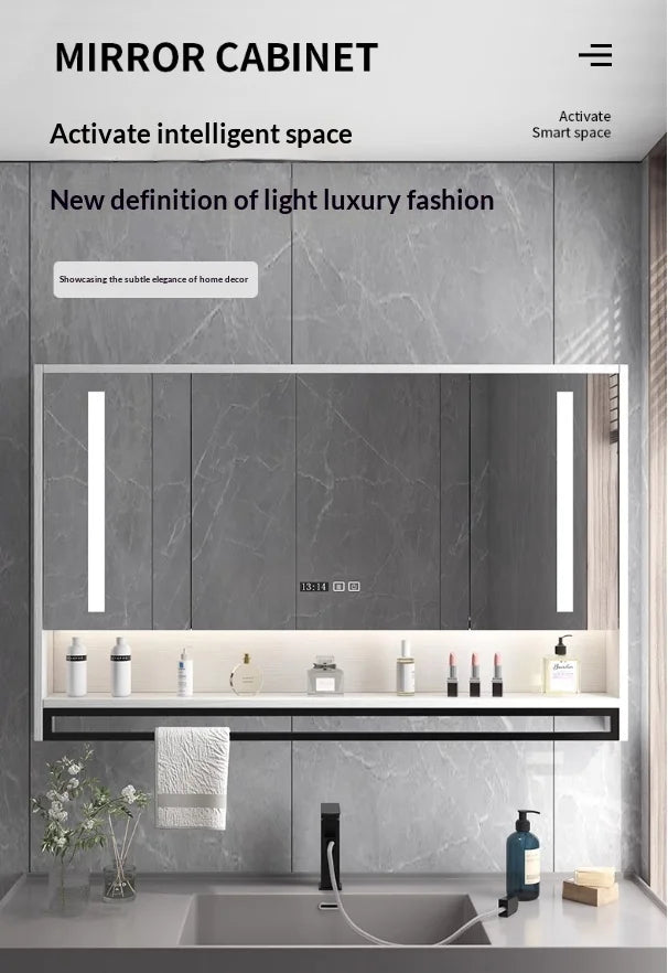 Bathroom Mirror LED Backlit Smart Anti Fog Touch Sensor Mirrored Cabinet Wall Mounted Storage Shelf Vanity Mirror Household