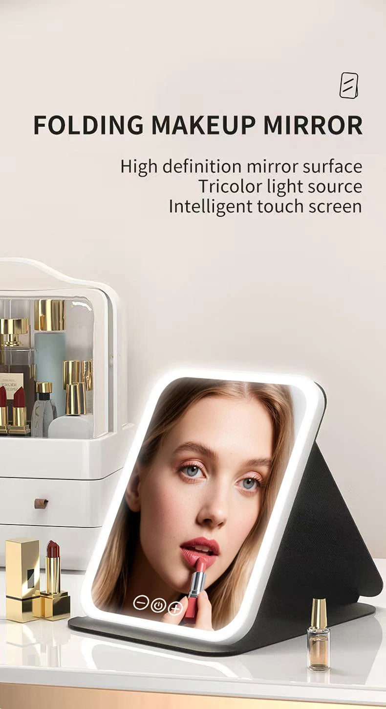 LED Makeup Mirror 3 Colors Light Portable Vanity with Adjustable Brightness USB Charging Foldable for Travel And Home Use