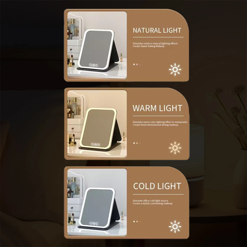 LED Makeup Mirror 3 Colors Light Portable Vanity with Adjustable Brightness USB Charging Foldable for Travel And Home Use