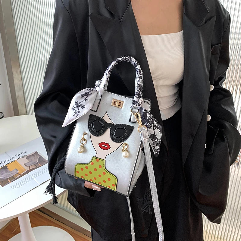 2024 Brand Beauty Glasses Handbags for Women High Quality PU Shoulder Bag Cute Scarf Purses and Crossbody Bag