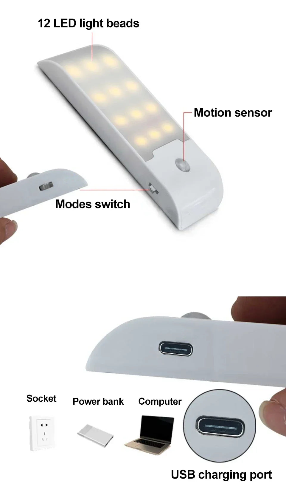 Motion Sensor LED Night Light USB Rechargeable Wall Light For Cabinet Closet Aisle Staircase Bedside Bedroom Night Lights