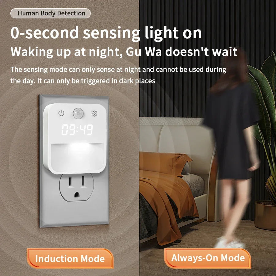 Motion Sensor LED Night Light with Time Display EU and US Socket Plug-in Wall Lamp Smart Sensing Light for Hallway Stair Bedroom
