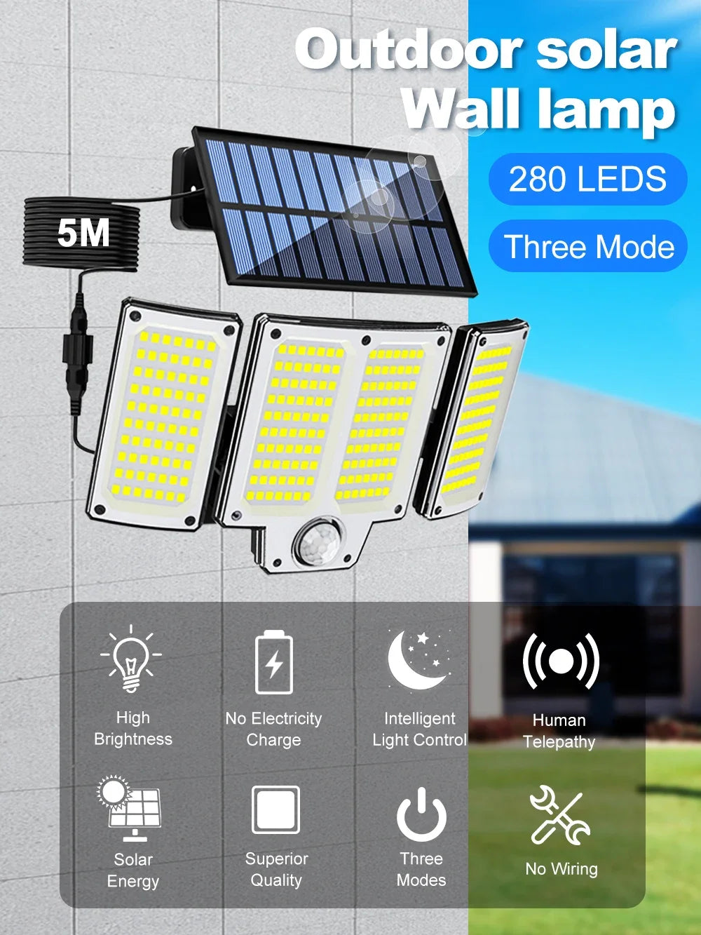 Solar Motion Sensor Lights with Remote,Outdoor Security Flood lights 3 Heads,3 Lighting Modes for Garden Camping 280 Leds-280LED