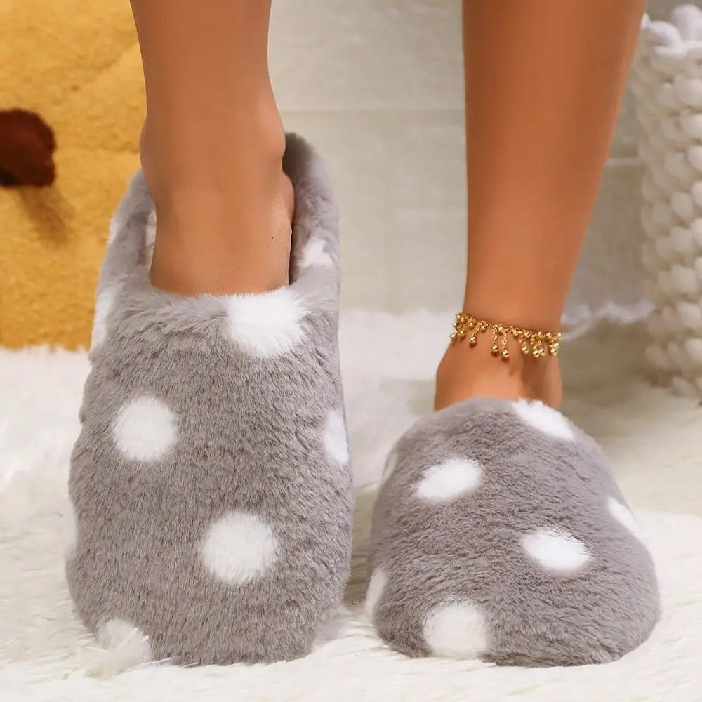 Silent Shoe Sole Soft Sole Plush Slide Slippers Casual Lightweight Dots Fur Slipper Anti-slip Patchwork House Flat Shoes Female