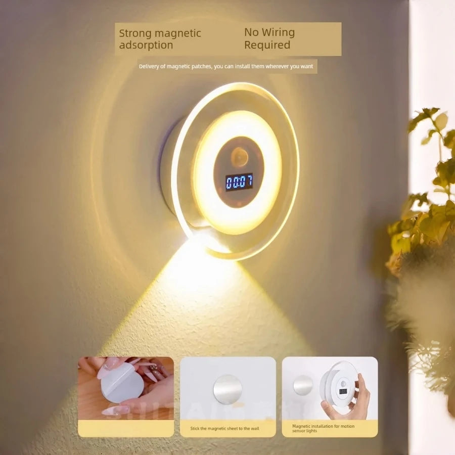 Smart LED Motion Sensor Night Light with Clock 3 Color Stepless Dimming Hill Wall Lamp USB Rechargeable Bedroom Ambient Light