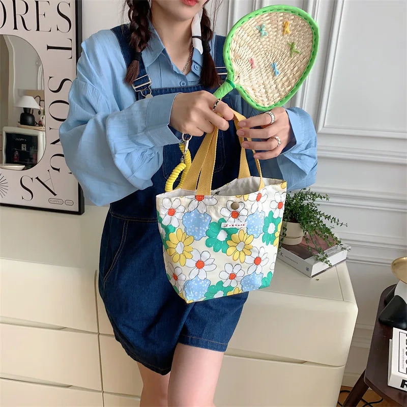 Women's Beauty Flower Canvas Bag Outside Shopping Toiletry Phone Oagnzier Storage Bags Korean Cloth Handbags Lunch Box Bento Bag