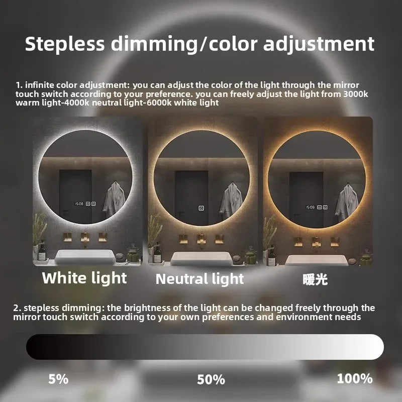 Mirror Round Mirror Wall-mounted Smart Bathroom Mirror LED Touch Screen High Definition Anti-fog Luminous Wall-mounted