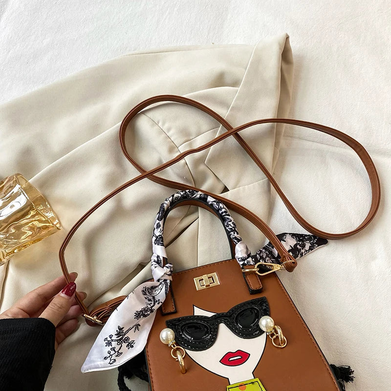 2024 Brand Beauty Glasses Handbags for Women High Quality PU Shoulder Bag Cute Scarf Purses and Crossbody Bag