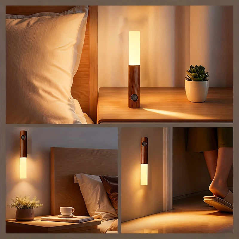 Motion Sensor Night Light USB Rechargeable Magnetic LED Wall Light for Indoor Wooden Wall Lamp Wardrobe Light Corridor Stairs