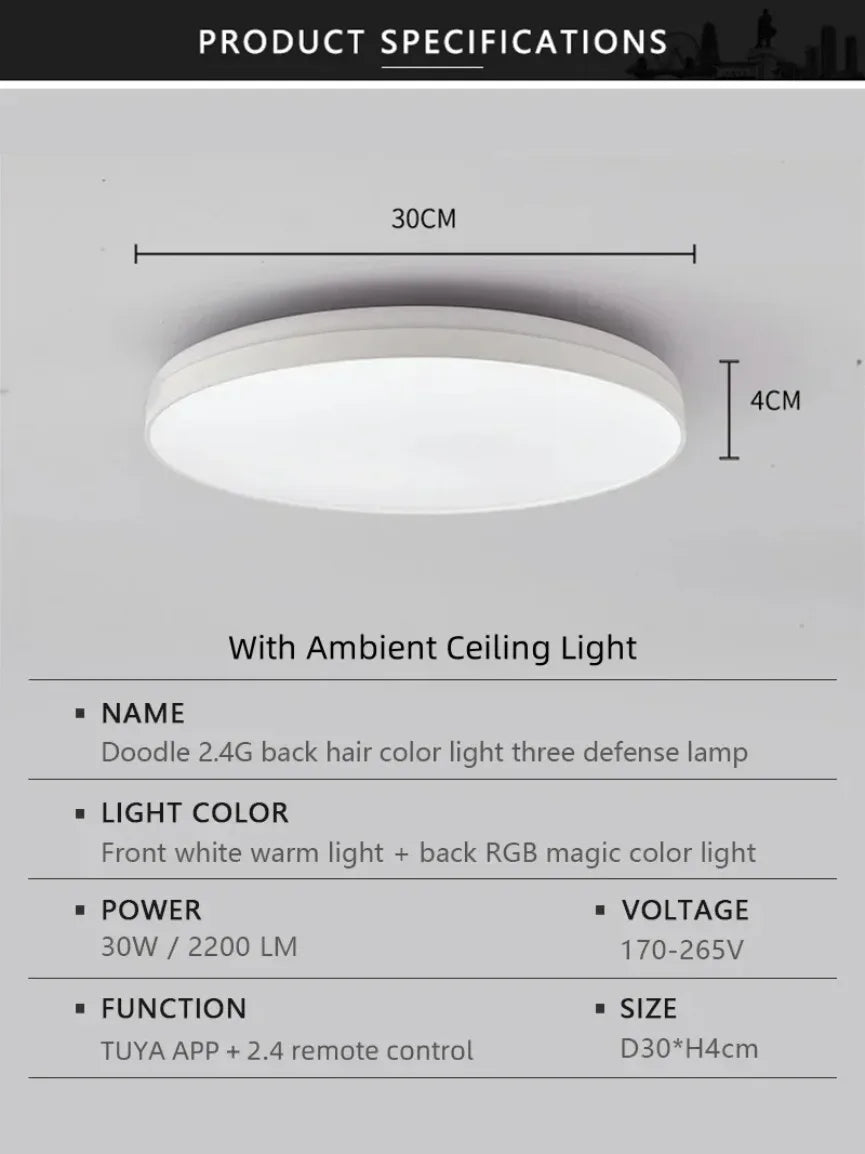 Smart LED Ceiling Light with RGB Backlight Bluetooth Tuya APP Remote Control Dimming Living Room Bedroom Home Decor Ambient Lamp