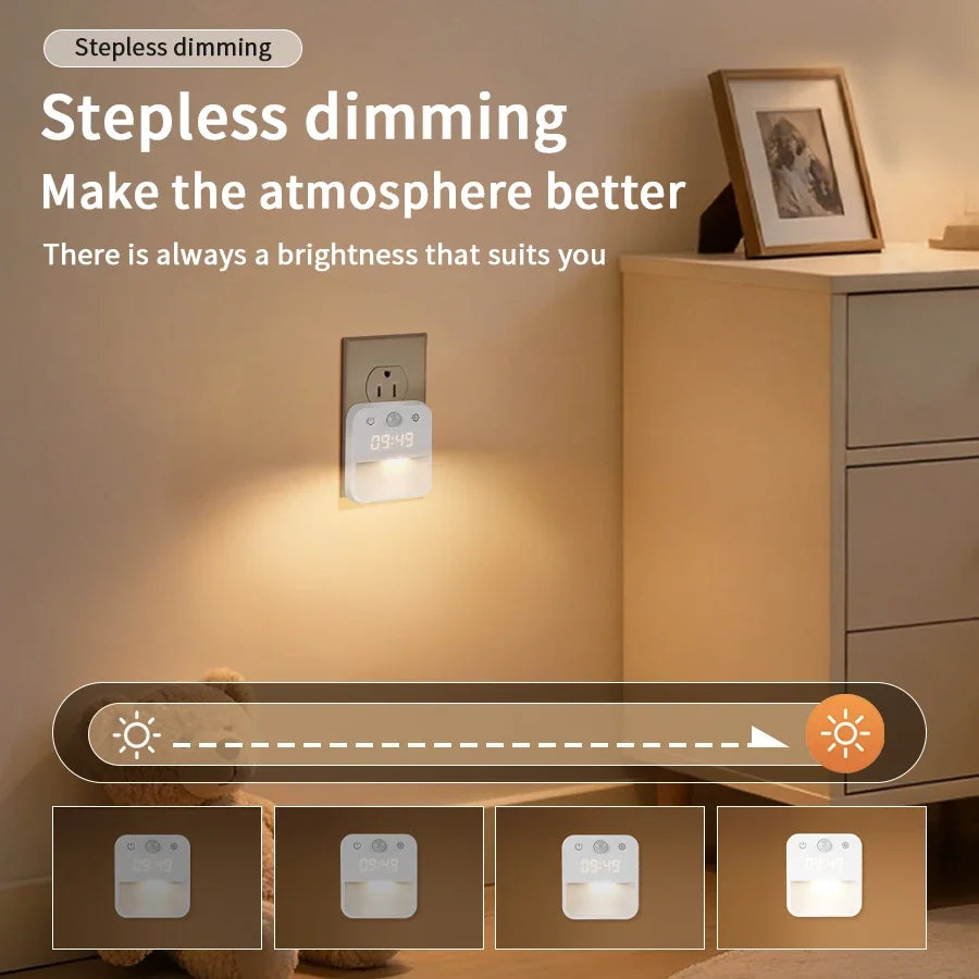 Motion Sensor LED Night Light with Time Display EU and US Socket Plug-in Wall Lamp Smart Sensing Light for Hallway Stair Bedroom