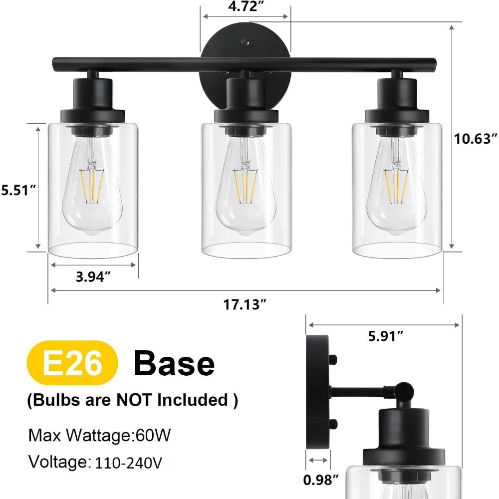 Modern Bathroom Mirror Wall Light Fixtures Black 3-Light Vanity Lights with Clear Glass for Bathroom Living Room Bedroom Hallway