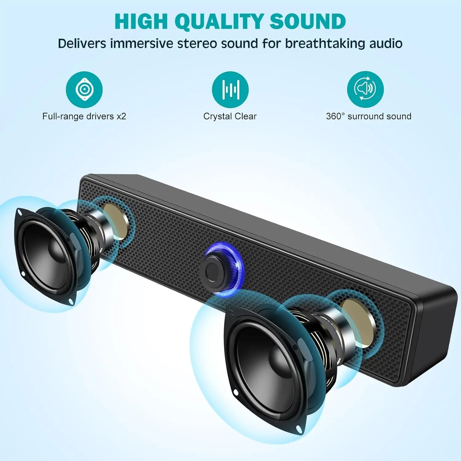 Bluetooth Computer Soundbar Speaker With Dual Speakers Powerful Bass Wired/Wireless Connection For PC Laptop Desktop