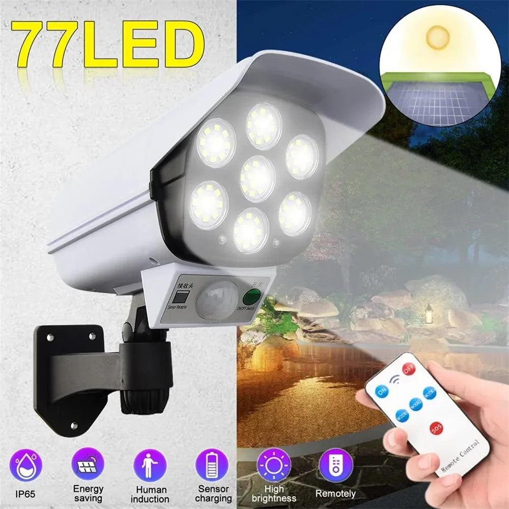 Outdoor Solar Light Motion Sensor Security Dummy Camera Wireless Flood Light IP65 Waterproof 77 LED Lamp 3 Mode For Home Garden