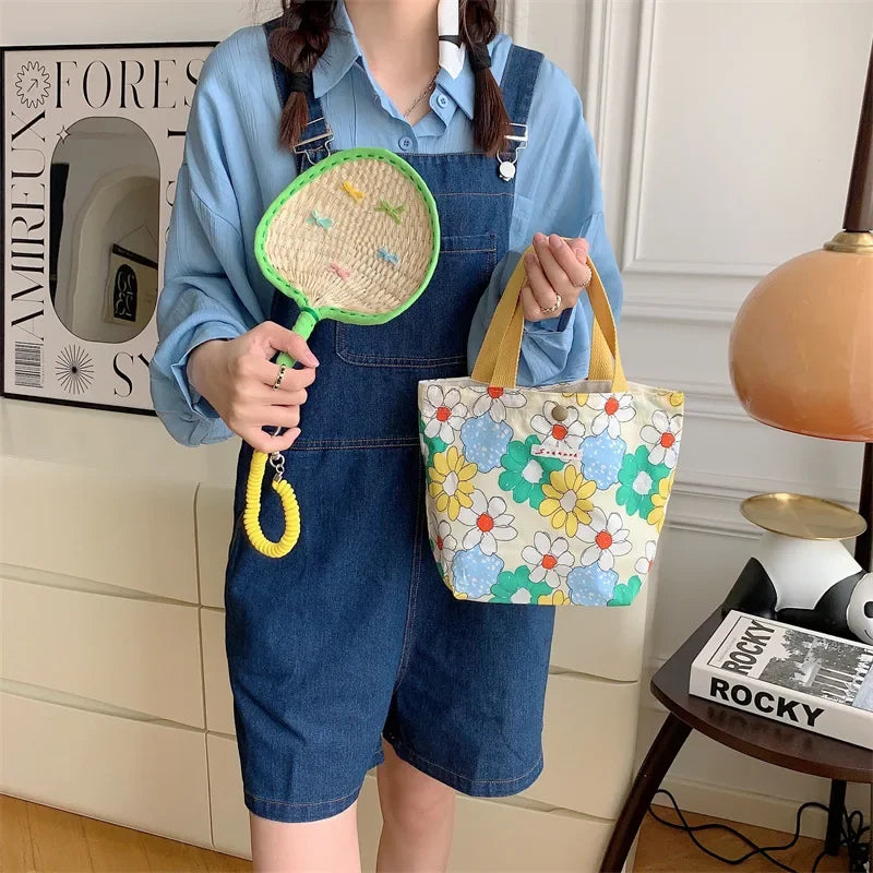 Women's Beauty Flower Canvas Bag Outside Shopping Toiletry Phone Oagnzier Storage Bags Korean Cloth Handbags Lunch Box Bento Bag