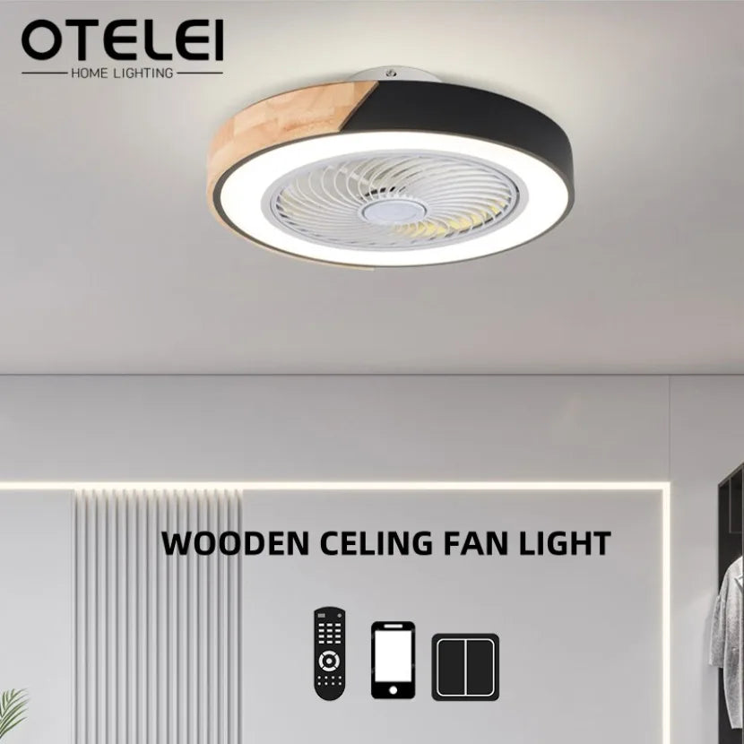 Smart LED Ceiling Fan with Light Wood Living Room Bedroom APP Remote Control 6 Speed Low Floor Electric Fan 52CM Fan Lighting