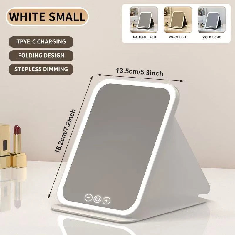 LED Makeup Mirror 3 Colors Light Portable Vanity with Adjustable Brightness USB Charging Foldable for Travel And Home Use
