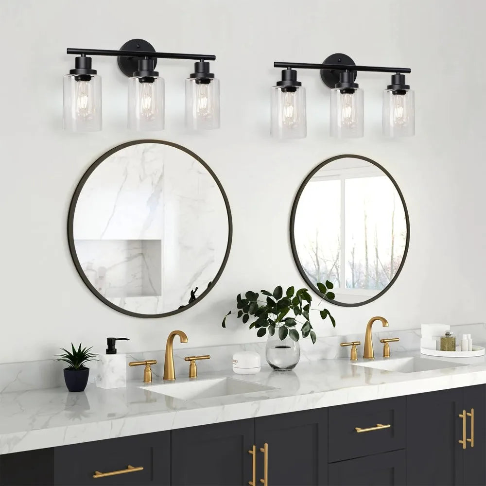 Modern Bathroom Mirror Wall Light Fixtures Black 3-Light Vanity Lights with Clear Glass for Bathroom Living Room Bedroom Hallway