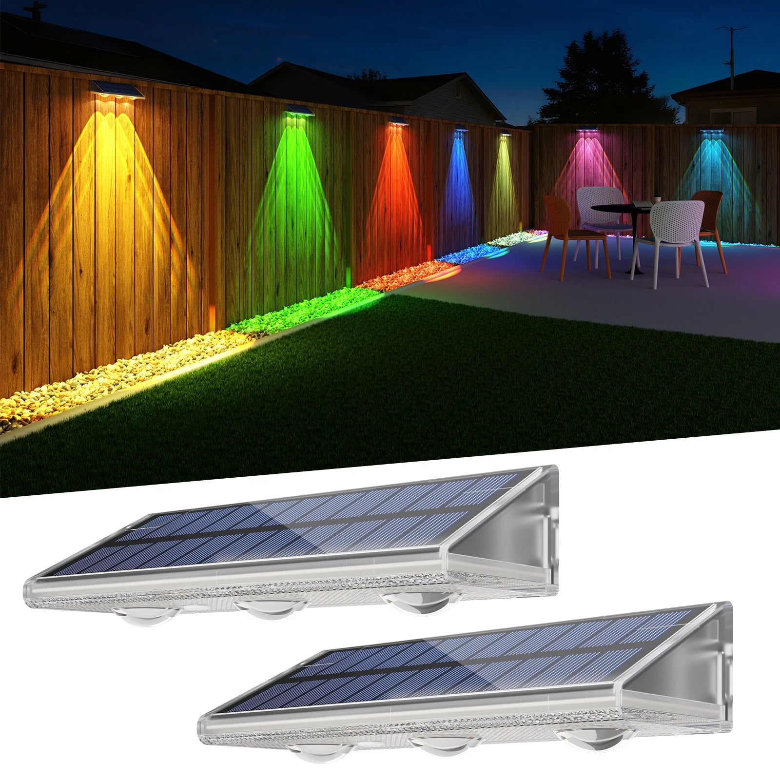 High-end Solar LED Fence Light IP66 Waterproof Auto ON OFF Warm White 6 Colors 7 Modes Solar Wall Lamp for Backyard Outside