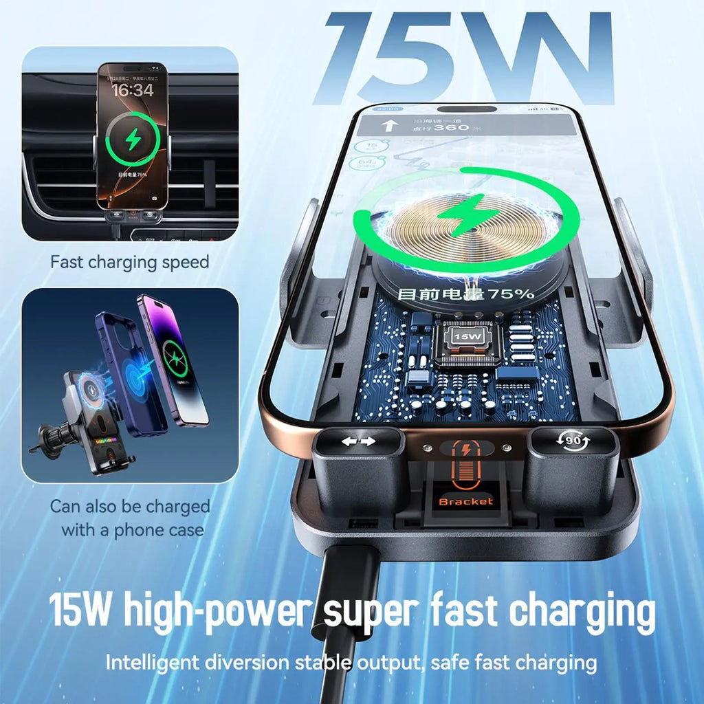 Wireless Phone Charger for Car 15W Fast Charging Air Vent Cradles Auto Clamping Phone Holders for Music Control Video Streaming