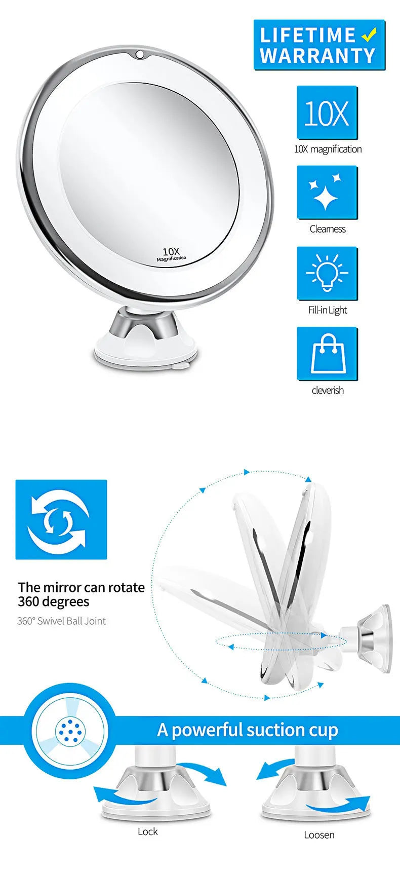Flexible 10x Magnifying Vanity Mirror with LED Lighted Bathroom Makeup Mirror Lighting Dressing Makeup Lamp Bottom Sucker
