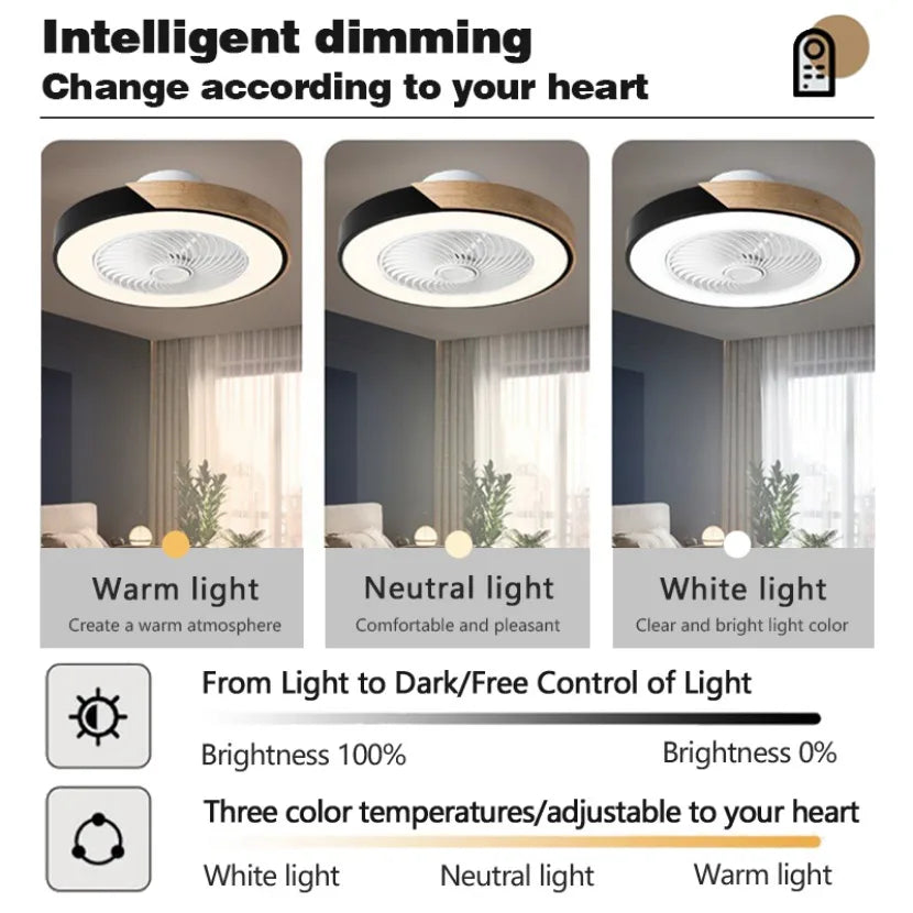 Smart LED Ceiling Fan with Light Wood Living Room Bedroom APP Remote Control 6 Speed Low Floor Electric Fan 52CM Fan Lighting