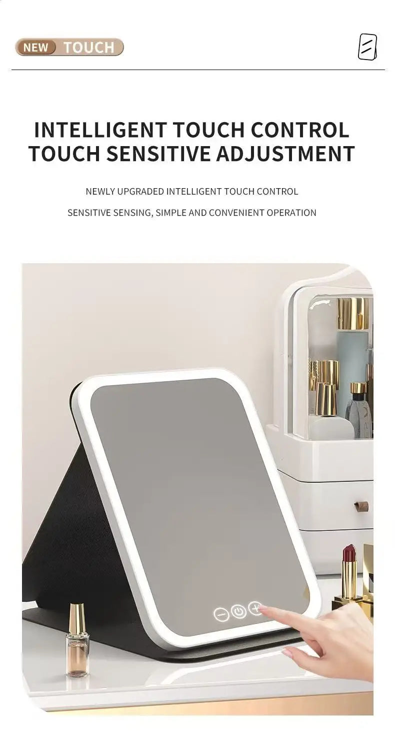 LED Makeup Mirror 3 Colors Light Portable Vanity with Adjustable Brightness USB Charging Foldable for Travel And Home Use
