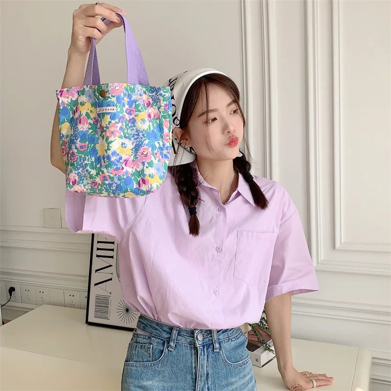 Women's Beauty Flower Canvas Bag Outside Shopping Toiletry Phone Oagnzier Storage Bags Korean Cloth Handbags Lunch Box Bento Bag