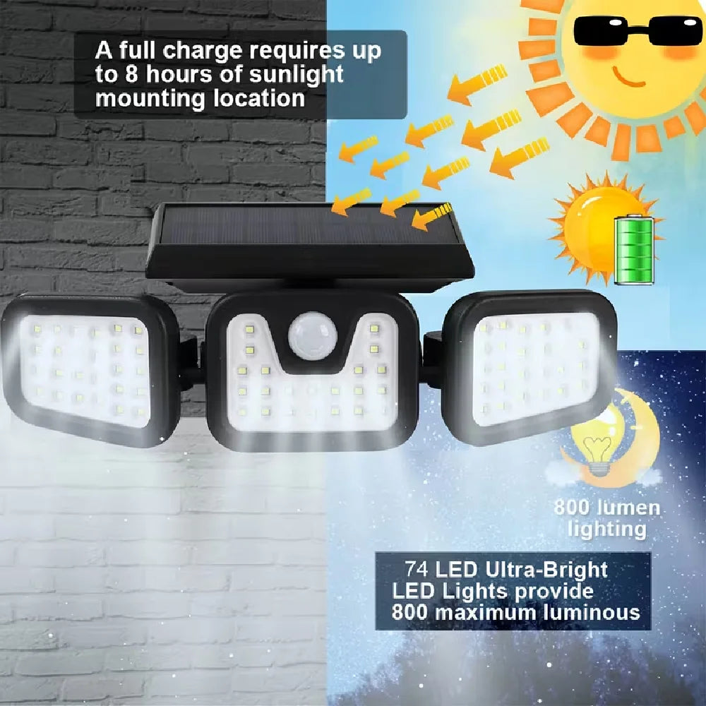 Solar-powered Outdoor Motion-sensor Lights 3-head 270° Wide-angle Security Lights for Yards Patios Garages Driveways Lighting