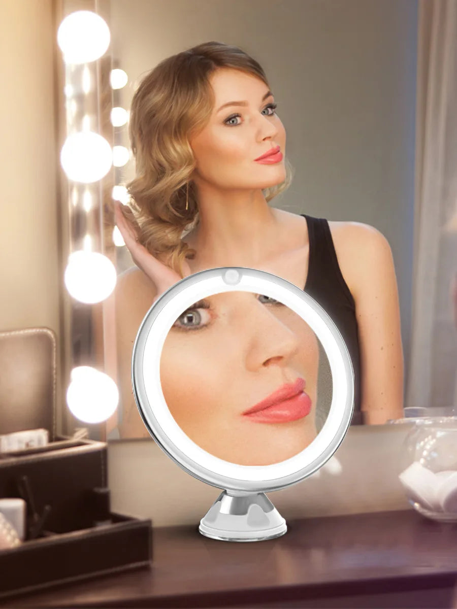 Flexible 10x Magnifying Vanity Mirror with LED Lighted Bathroom Makeup Mirror Lighting Dressing Makeup Lamp Bottom Sucker