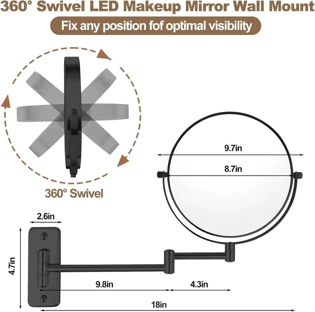 Wall Mounted Makeup Mirror 9”10x Magnifying Rechargeable Vanity Lighted Cosmetic Mirror for Vanity Desk and Bathroom Use