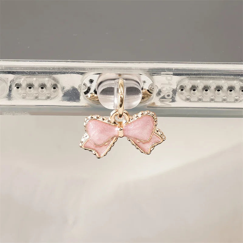 1pc Beautiful Pink and White Bowknot Phone Dust Plug for iPhone/Type-C /Android Mobile Phone Pendant Accessories Gift for Lovers