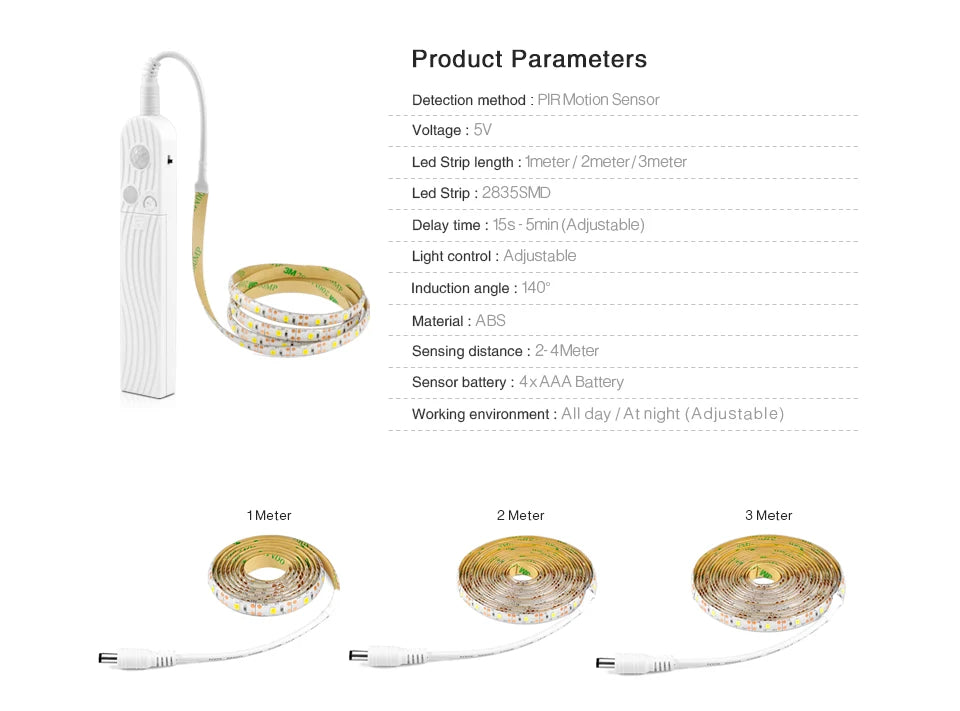 Wireless PIR Motion Sensor LED Strip Light for Cabinet under Bed Stairs Closet - Battery Powered Night Security Smart Lamp