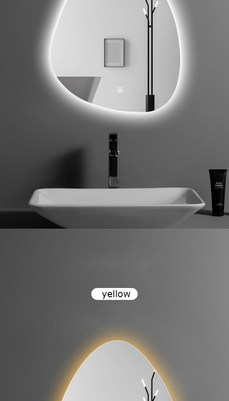 Upright Irregular Bathroom Mirror Smart 3 Color Adjustable LED Multifunction LIght With Bluetooth Speaker For Hotel Cloakroom