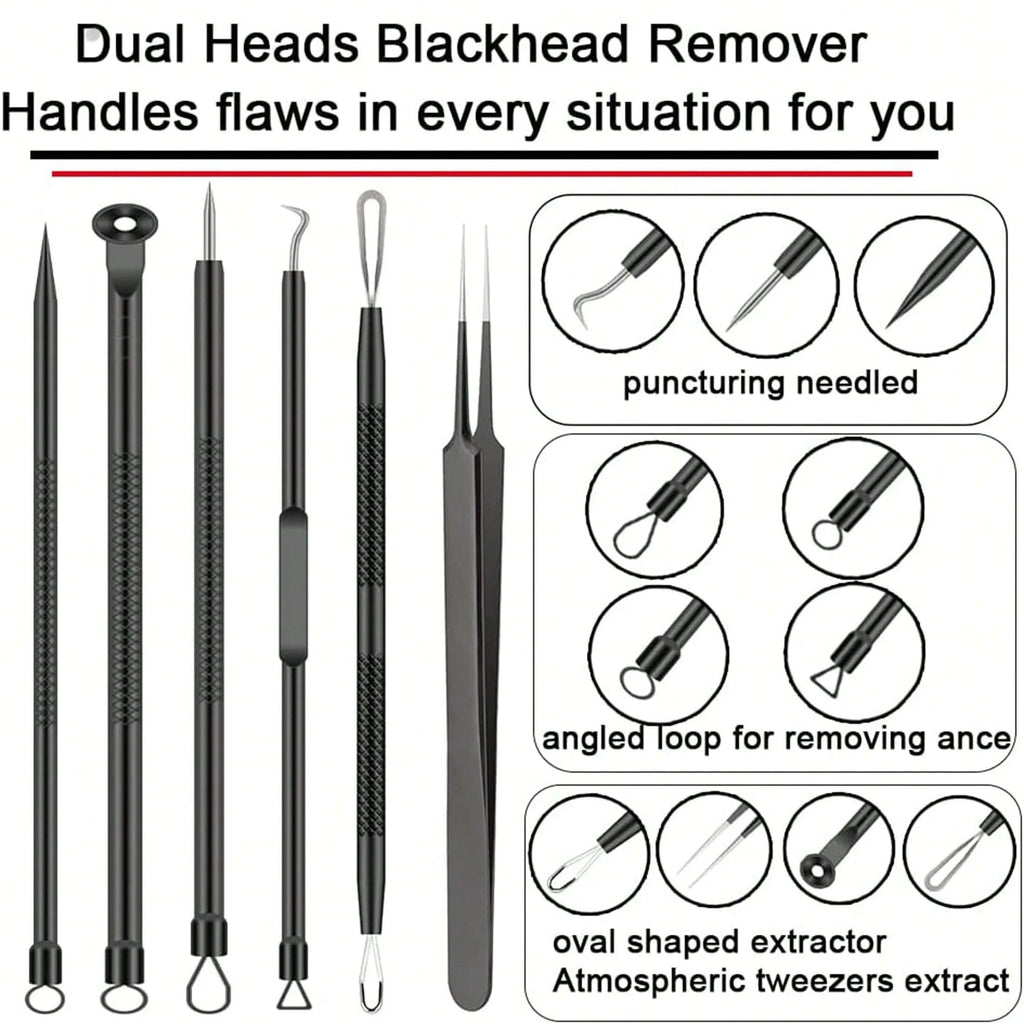 6-Piece Acne Tool Set Blackhead Extractor Facial Care - Facial Acne Removal Tweezers and Needle Stainless Steel Care Tools