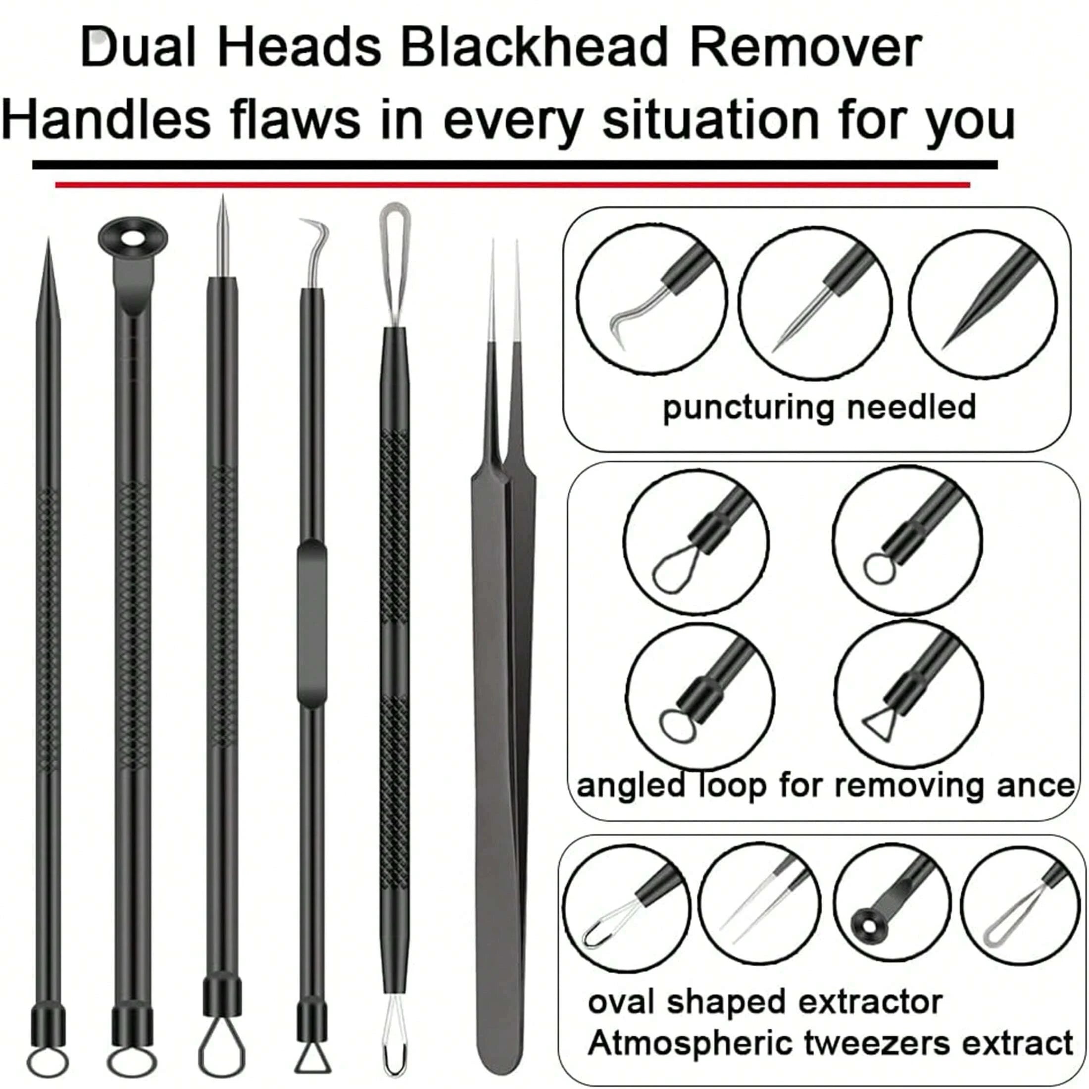 6-Piece Acne Tool Set Blackhead Extractor Facial Care - Facial Acne Removal Tweezers and Needle Stainless Steel Care Tools