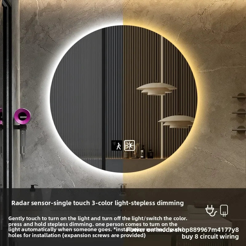 19 Inches Led Bathroom Anti-fog Luminous Makeup Sensor Wall Hanging Shower  Fashion Hotel Round Bathroom Mirror Intelligent