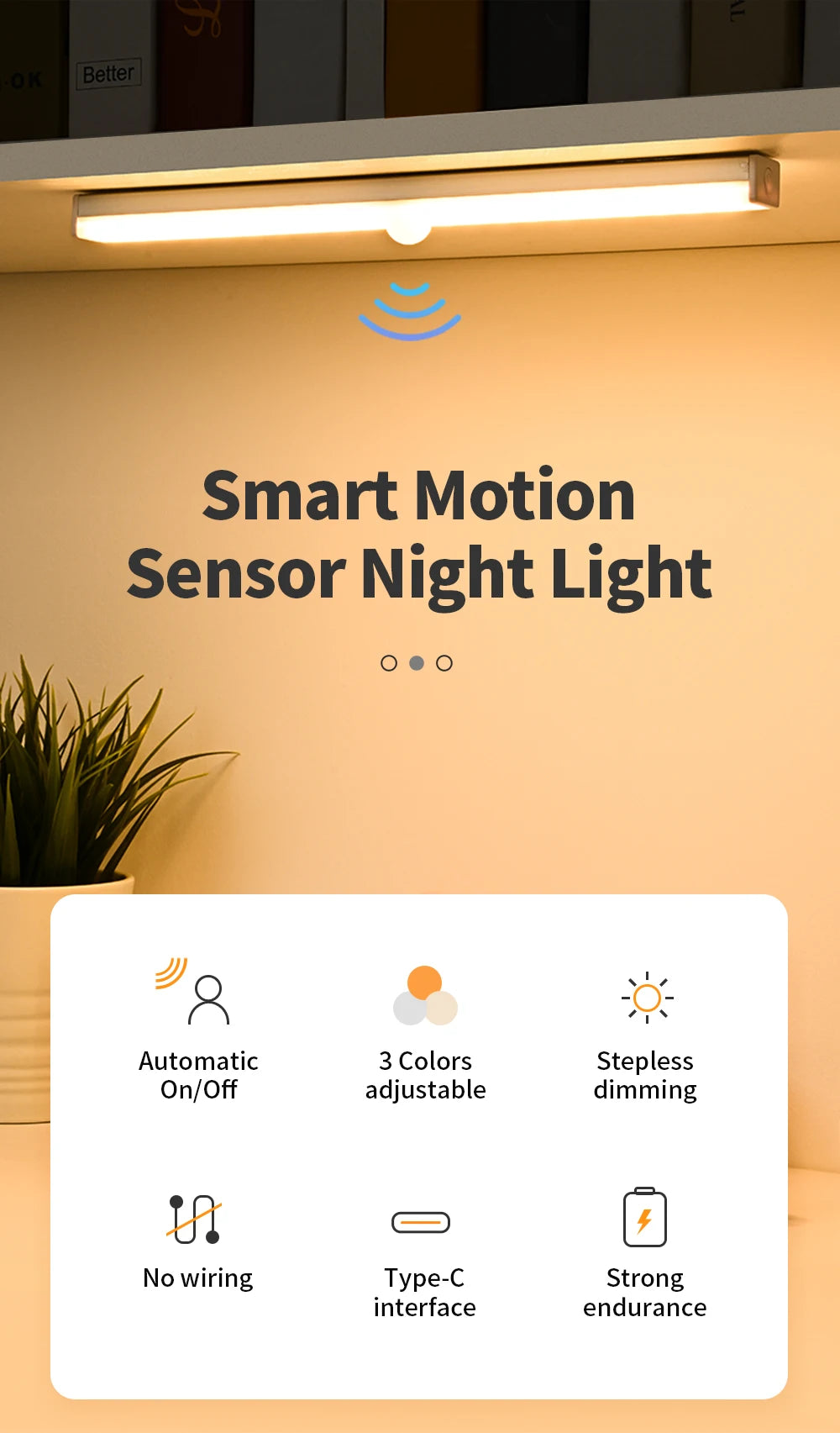 Motion Sensor Light Wireless USB Rechargeable Wall Lamp 3 Colors Dimming Kitchen Wardrobe Bedroom Closet Cabinet LED Lighting