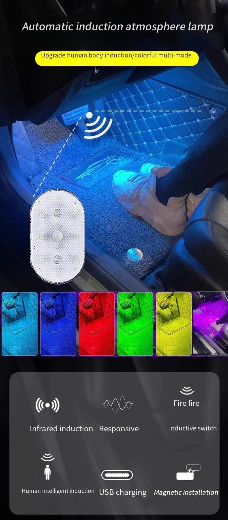 Motion Sensor Led Light 650mAH USB Rechargeable Automatic Induction Sensing Light Wireless Foot Lamp for Car Trunk Door