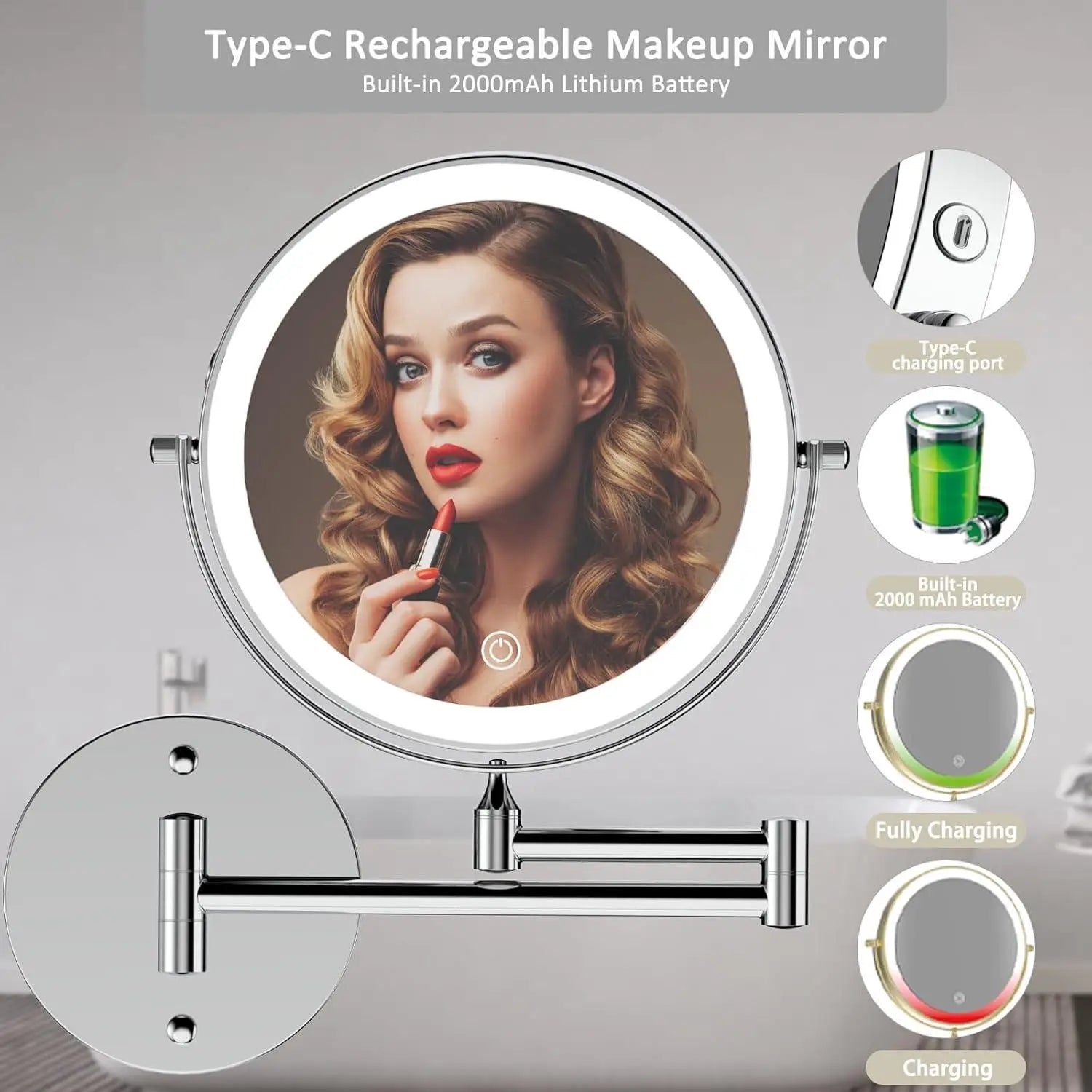 8" Wall Mounted Bathroom Makeup Mirror with 3 Color Light,Double Sided 1X/10X Magnifying Lighted Mirror LED Mirror for Shaving