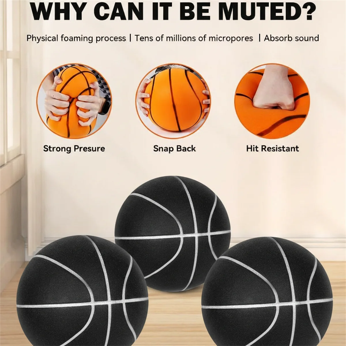 High-Density Silent Indoor Basketball, Airless PU Foam Construction for Noiseless Dribble Indoor Training Ball Size 7--29 inch