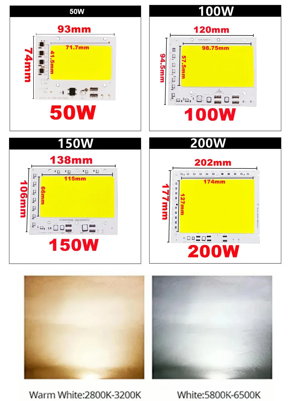 LED COB Chip 50W 100W 150W 200W 200-240V Smart IC No Need Driver LED Lamp Light Source For Flood Light Spotlight DIY Lighting